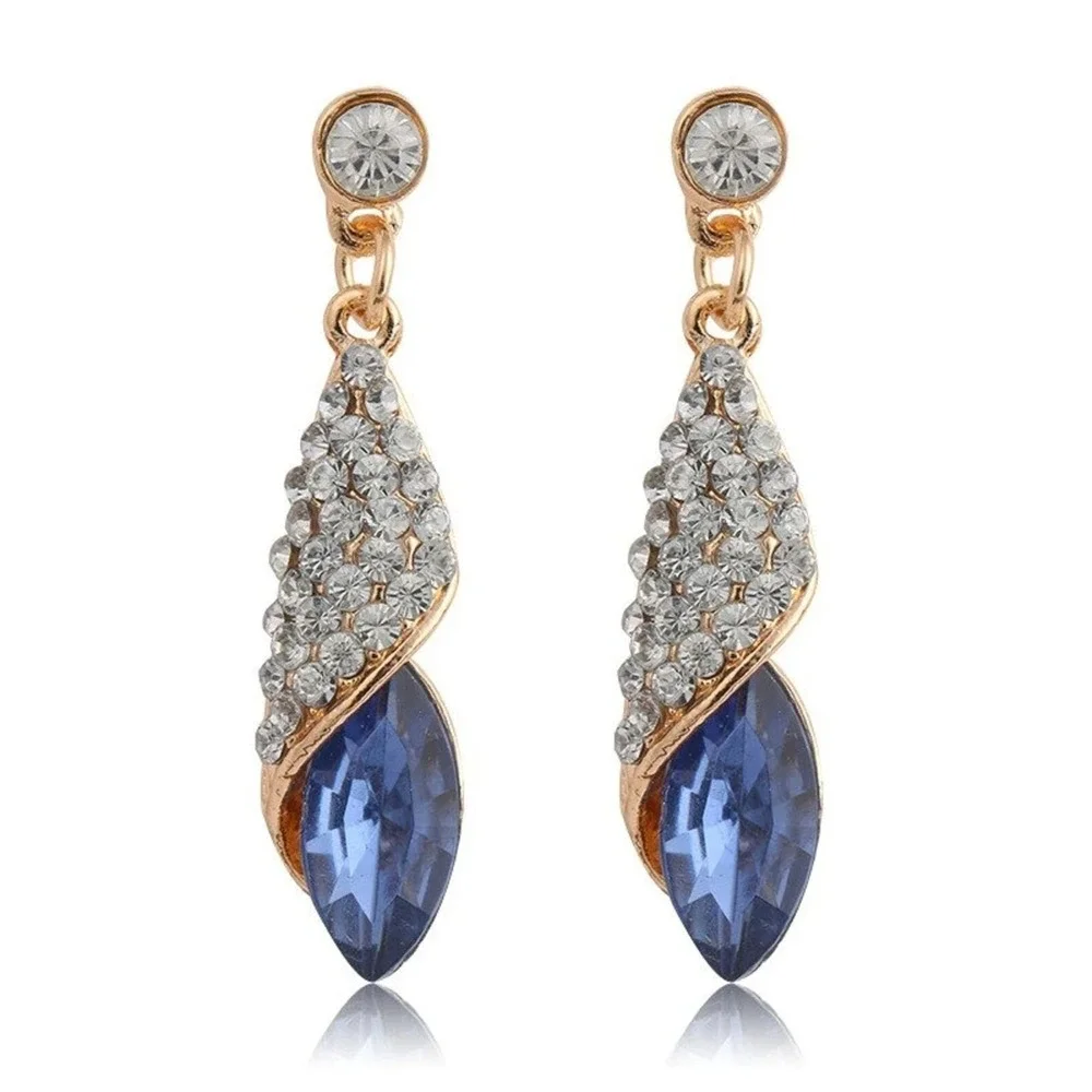Blue Crystal Gold Tone Drop Earrings Rhinestone Dangle Formal Evening‎ Jewelry